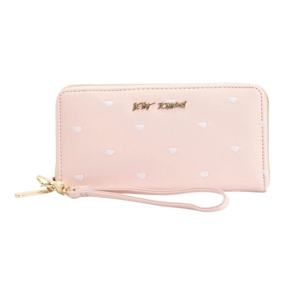 Betsey Johnson Pink Blush Zip Around Wallet Wristlet Embroidered Hearts NWT